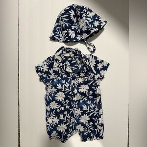 Gap print Blue and White Baby romper with Hat